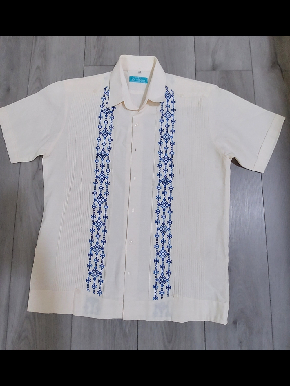 Men's Cream Short-Sleeve Guayabera Shirt with Blue Embroidery